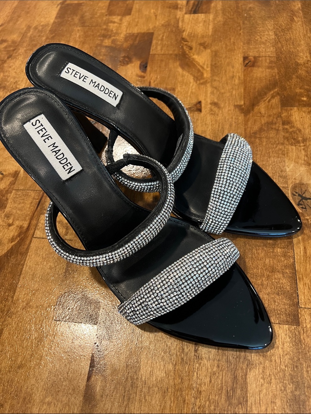Steve Madden Black Patent Heels with Silver Crystal Straps